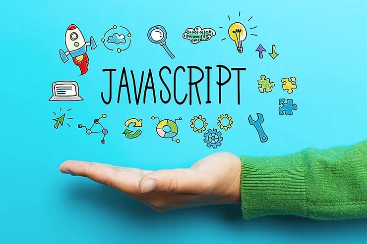 יד פתוחה ומעליה הכיתוב JavaScript מוקף איורי פיתוח